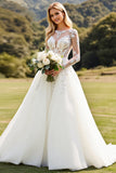 Ivory A Line Boat Neck Sweep Train Wedding Dress with Applique