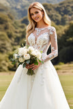 Ivory A Line Boat Neck Sweep Train Wedding Dress with Applique