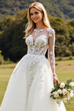 Ivory A Line Boat Neck Sweep Train Wedding Dress with Applique