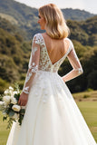 Ivory A Line Boat Neck Sweep Train Wedding Dress with Applique