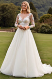 Ivory A Line Boat Neck Long Sleeves Sweep Train Wedding Dress with Lace