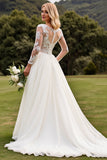 Ivory A Line Boat Neck Long Sleeves Sweep Train Wedding Dress with Lace