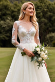 Ivory A Line Boat Neck Long Sleeves Sweep Train Wedding Dress with Lace