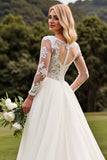 Ivory A Line Boat Neck Long Sleeves Sweep Train Wedding Dress with Lace