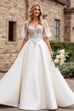 Ivory Satin A Line Sweetheart Half Sleeves Floor Length Wedding Dress