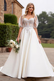 Ivory Satin A Line Sweetheart Half Sleeves Floor Length Wedding Dress