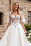 Ivory Satin A Line Sweetheart Half Sleeves Floor Length Wedding Dress