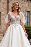 Ivory Satin A Line Sweetheart Half Sleeves Floor Length Wedding Dress