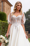 Ivory Satin A Line Sweetheart Half Sleeves Floor Length Wedding Dress