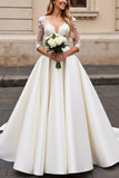 Ivory A Line Satin V Neck Sweep Train Wedding Dress with Applique