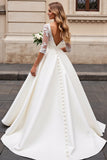Ivory A Line Satin V Neck Sweep Train Wedding Dress with Applique
