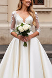 Ivory A Line Satin V Neck Sweep Train Wedding Dress with Applique