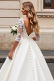 Ivory A Line Satin V Neck Sweep Train Wedding Dress with Applique