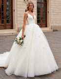 Ivory Appliqued Sweep Train V Neck Ball Gwon Wedding Dress
