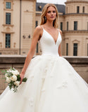 Ivory Appliqued Sweep Train V Neck Ball Gwon Wedding Dress