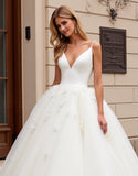 Ivory Appliqued Sweep Train V Neck Ball Gwon Wedding Dress