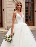 Ivory Appliqued Sweep Train V Neck Ball Gwon Wedding Dress