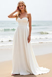 Simple White Satin Sweep Train Sweetheart Boho Wedding Dress
