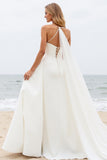 Simple Ivory Ball Gown Watteau Train Spaghetti Straps Wedding Dress
