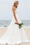 Simple Ivory Ball Gown Watteau Train Spaghetti Straps Wedding Dress