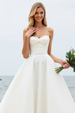 Simple Ivory Ball Gown Watteau Train Spaghetti Straps Wedding Dress