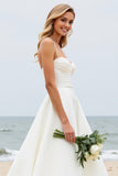 Simple Ivory Ball Gown Watteau Train Spaghetti Straps Wedding Dress