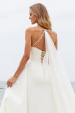 Simple Ivory Ball Gown Watteau Train Spaghetti Straps Wedding Dress