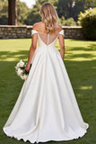 Ivory Satin Sweep Train Off the Shoulder Wedding Dress