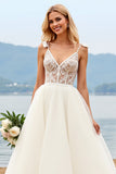 Ivory Ball Gown Sweep Train Corset V Neck Wedding Dress with Bow