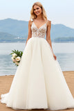 Ivory Ball Gown Sweep Train Corset V Neck Wedding Dress with Bow