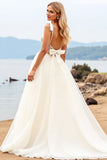 Ivory Ball Gown Sweep Train Corset V Neck Wedding Dress with Bow