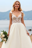 Ivory Ball Gown Sweep Train Corset V Neck Wedding Dress with Bow