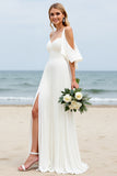 White Chiffon Sweep Train Cold Shoulder Ruched Beach Wedding Dress with Slit