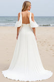 White Chiffon Sweep Train Cold Shoulder Ruched Beach Wedding Dress with Slit