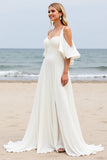 White Chiffon Sweep Train Cold Shoulder Ruched Beach Wedding Dress with Slit