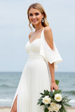 White Chiffon Sweep Train Cold Shoulder Ruched Beach Wedding Dress with Slit