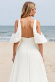White Chiffon Sweep Train Cold Shoulder Ruched Beach Wedding Dress with Slit