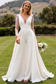 Ivory Satin Sweep Train V Neck Wedding Jumpsuit with Lace