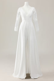 Ivory Satin Sweep Train V Neck Embroidered Wedding Jumpsuit with Cape