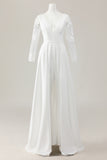 Ivory Satin Sweep Train V Neck Embroidered Wedding Jumpsuit with Cape