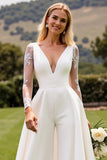 Ivory Satin Sweep Train V Neck Embroidered Wedding Jumpsuit with Cape