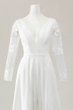 Ivory Satin Sweep Train V Neck Embroidered Wedding Jumpsuit with Cape