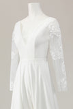 Ivory Satin Sweep Train V Neck Embroidered Wedding Jumpsuit with Cape