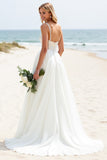 Ivory A Line Sweep Train Spaghetti Straps Boho Wedding Dress with Sequins