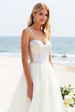 Ivory A Line Sweep Train Spaghetti Straps Boho Wedding Dress with Sequins