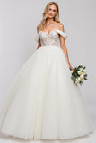 Ivory Princess Ball Gown Floor Length Off the Shoulder Wedding Dress with Lace
