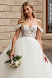 Ivory Princess Ball Gown Floor Length Off the Shoulder Wedding Dress with Lace