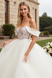 Ivory Princess Ball Gown Floor Length Off the Shoulder Wedding Dress with Lace