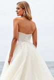 Ivory Sweep Train Strapless Ball Gown Wedding Dress with Appliques