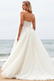 Ivory Sweep Train Strapless Ball Gown Wedding Dress with Appliques